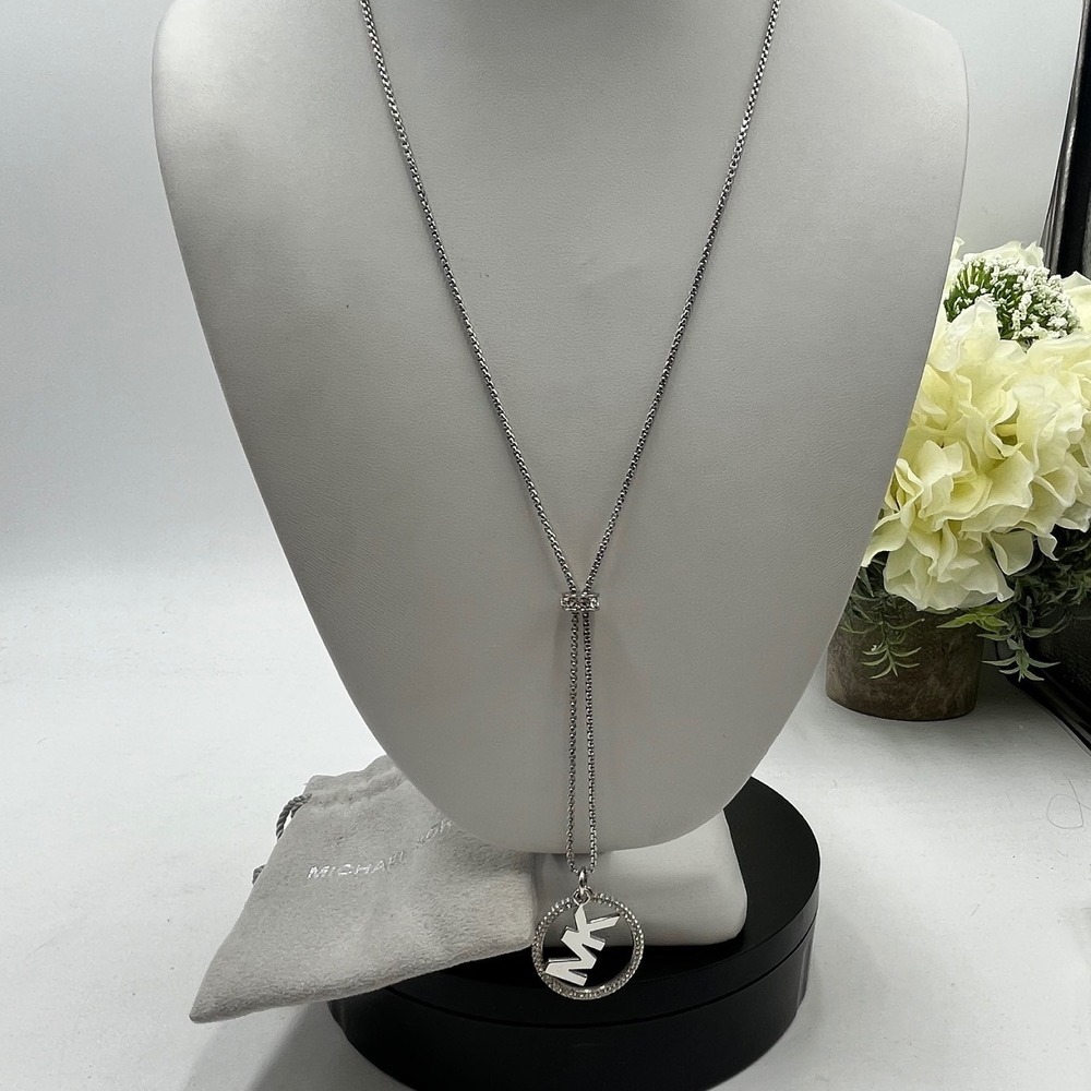 Michael Kors Silver Plated Pave Crystal Pave MK Logo Lariat Box Chain Necklace
